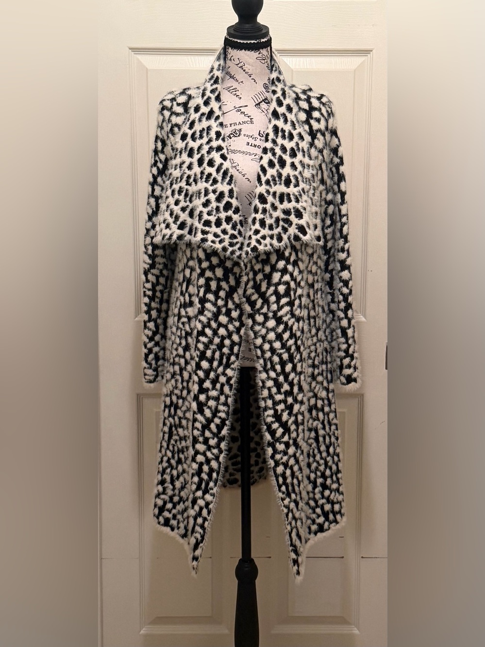 Coco + Carmen Black and White Faux-Fur Draped Long Coat